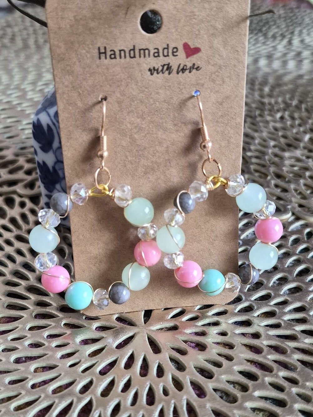 Handmade Colorful Beaded Hoop Earrings - Pastel Pink, Mint, Aqua